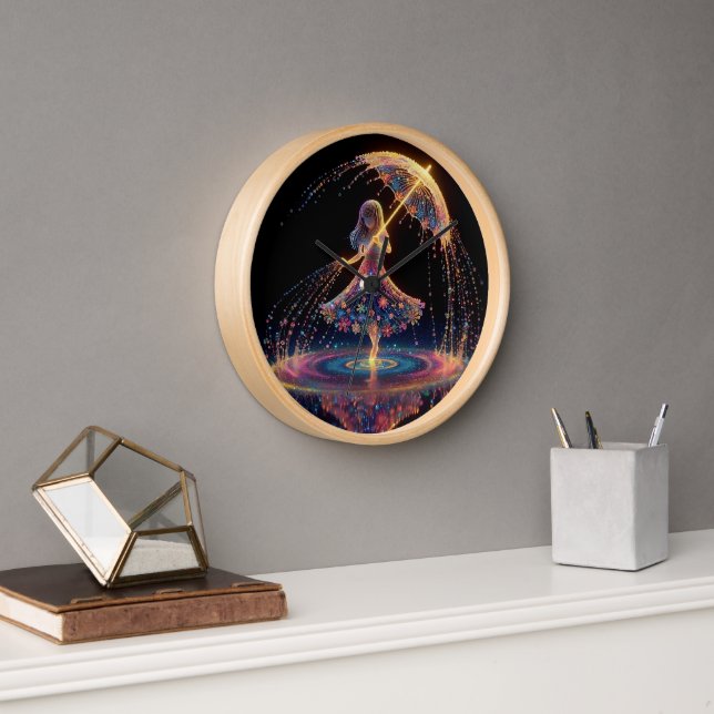 Radiant Dance: Neon Umbrella and Floral Glow Art Clock (Office)