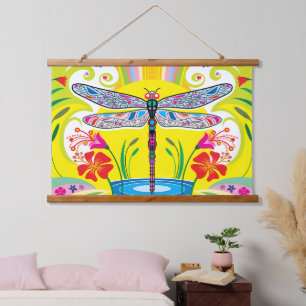 Radiant Dragonfly and Wildflowers Hanging Tapestry