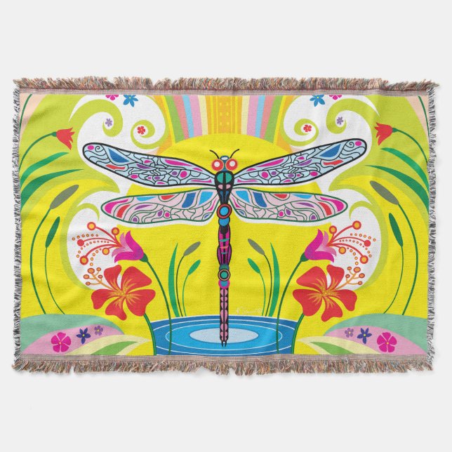 Radiant Dragonfly and Wildflowers Throw Blanket (Front)