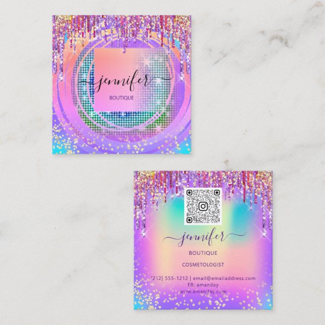 Radiant Elegance Golden Boutique Drip Holograph QR Square Business Card (Front/Back)
