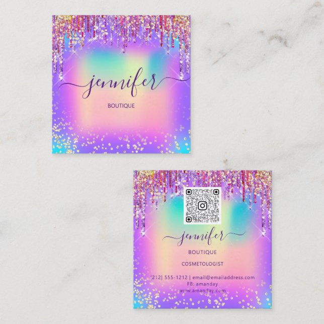 Radiant Elegance Golden Boutique Drip Holograph QR Square Business Card (Front/Back)