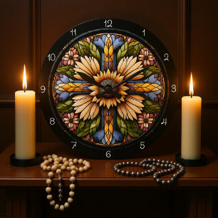 Radiant Floral Cross Large Clock