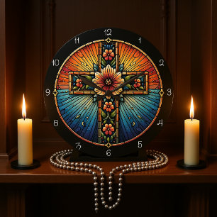 Radiant Floral Cross Stained Glass  Large Clock