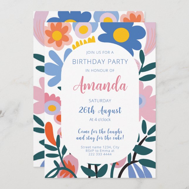 Radiant Floral Joy Birthday Invitation (Front/Back)