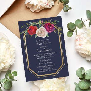 Radiant Floral Navy Blue Burgundy Baby Shower Invitation