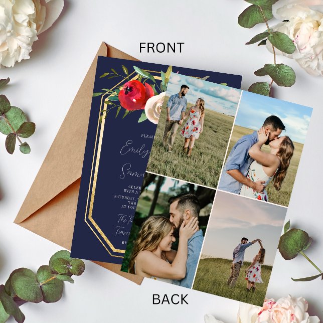 Radiant Floral Navy Blue Burgundy Photo Wedding Invitation (Creator Uploaded)