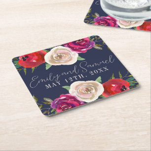 Radiant Floral Navy Blue Burgundy Red Square Paper Coaster