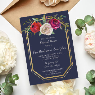 Radiant Floral Navy Blue Burgundy Rehearsal Dinner Invitation