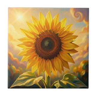 Radiant Golden Sunflower Sunset Ceramic Tile