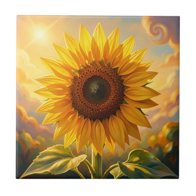 Radiant Golden Sunflower Sunset Ceramic Tile (Front)
