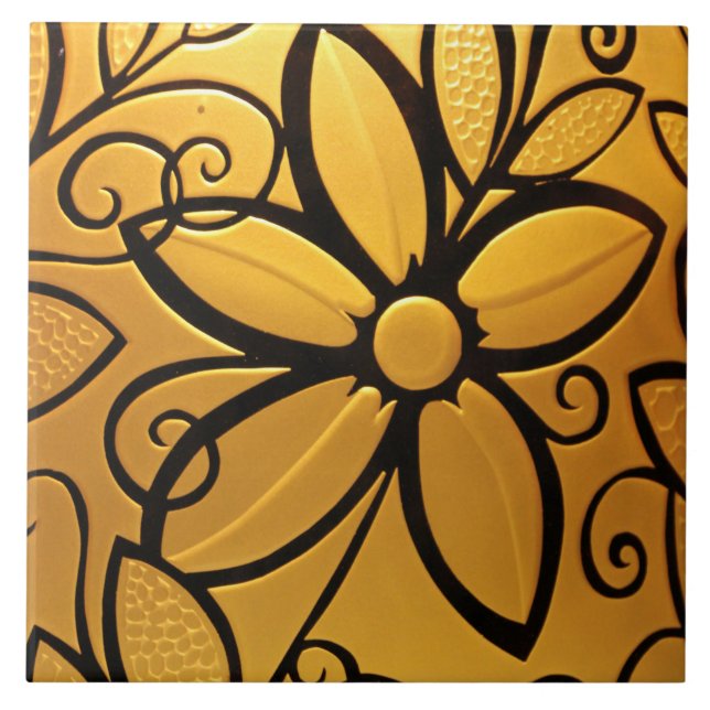 Radiant Golden Yellow Floral Design Ceramic Tile (Front)