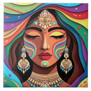 Radiant Harmony, A Colorful Paper-Cut Portrait Ceramic Tile