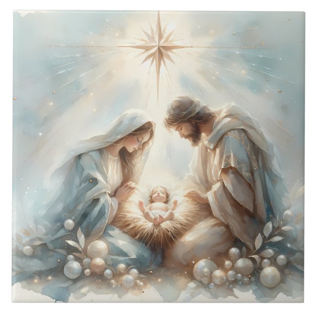 Radiant Holy Family Nativity Scene Ceramic Tile (Front)