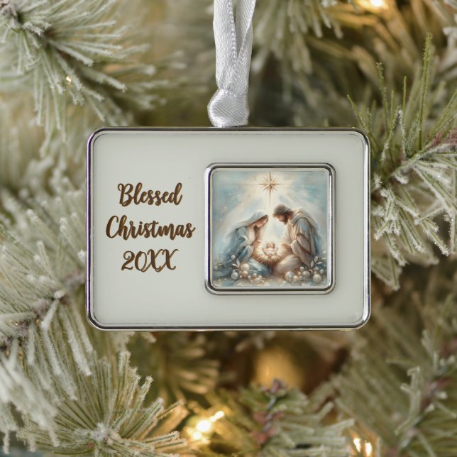 Radiant Holy Family Nativity Scene Silver Plated Framed Ornament (Tree)