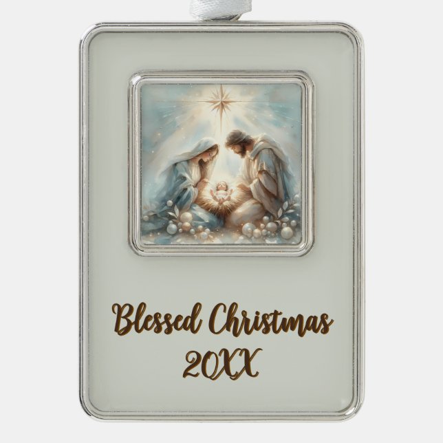 Radiant Holy Family Nativity Scene Silver Plated Framed Ornament (Front)