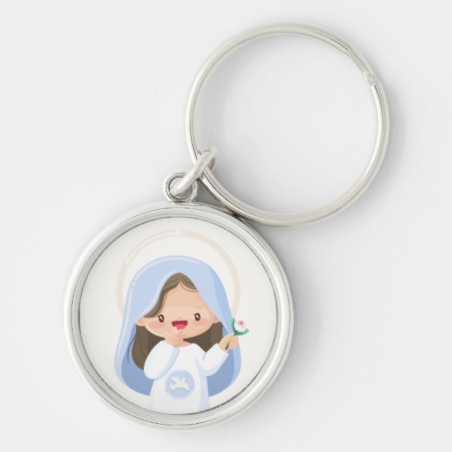 Radiant Kawaii Virgin Mary Holding Flower – White Key Ring (Front)
