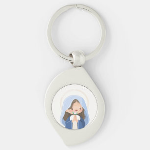 Radiant Kawaii Virgin Mary in Prayer – White Key Ring