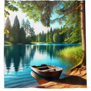Radiant Lakeside Boat Scene Shower Curtain