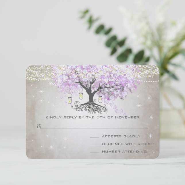Radiant Lavender Heart Leaf Wedding RSVP Card (Standing Front)