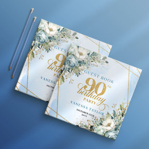 Radiant Light Blue Gold 90th Birthday Guest Ledger Guest Book