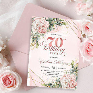 Radiant Light Pink Shimmering Floral 70th Birthday Invitation