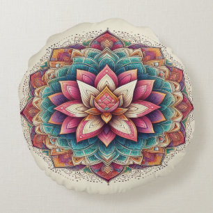 Radiant Lotus Mandala: Blooming Serenity Round Cushion