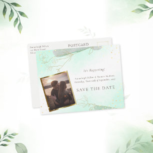 Radiant Mint Green Botanical Glitter Save The Date Announcement Postcard