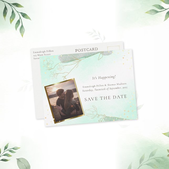 Radiant Mint Green Botanical Glitter Save The Date Announcement Postcard (Creator Uploaded)