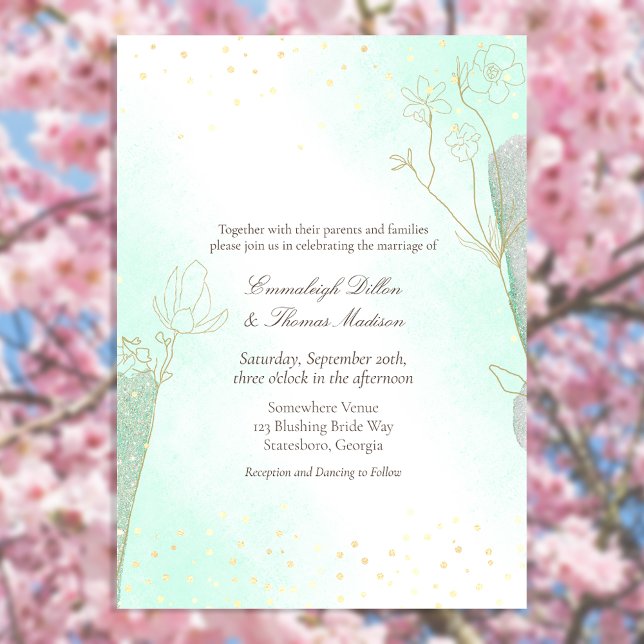 Radiant Mint Green Botanical Glitter Wedding Invitation (Creator Uploaded)