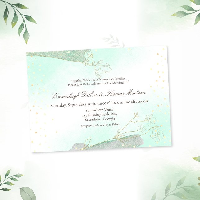 Radiant Mint Green Foliage Glitter Wedding Invitation (Creator Uploaded)