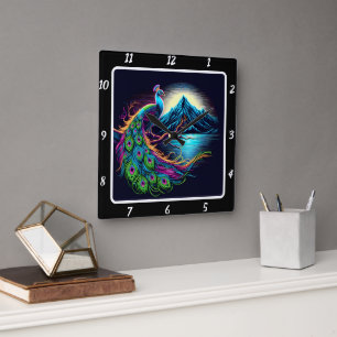 Radiant Neon Peacock  Square Wall Clock