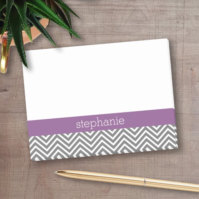 Radiant Orchid and Grey Chevrons Custom Name Post-it Notes (Personalized Post-It Notes - add name or other text)