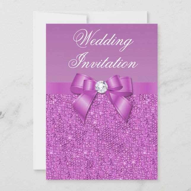 Radiant Orchid Sequins, Bow & Diamond Wedding Invitation (Front)