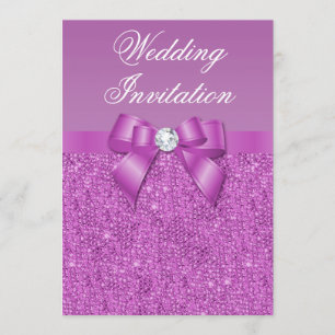 Radiant Orchid Sequins, Bow & Diamond Wedding Invitation