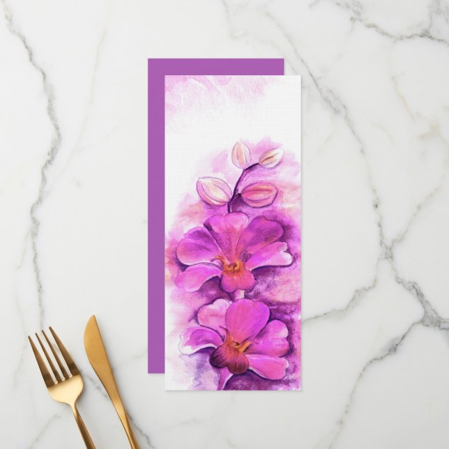 Radiant orchid stylised art wedding dinner menu (Front/Back In Situ)