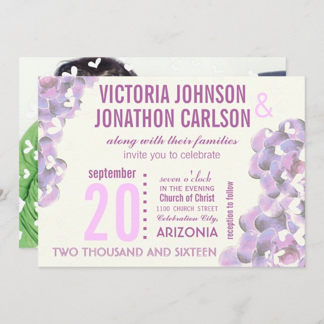 Radiant Orchid Succulent Modern Typography Wedding Invitation (Front/Back)
