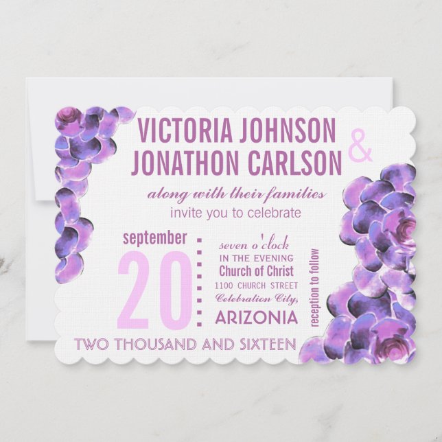 Radiant Orchid Succulent Modern Typography Wedding Invitation (Front)