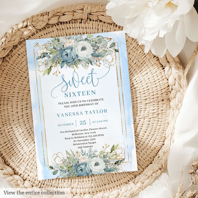 Radiant Pastel Blue White Peonies Sweet 16 Invite (Radiant Pastel Blue White Peonies Sweet 16 Invitation)
