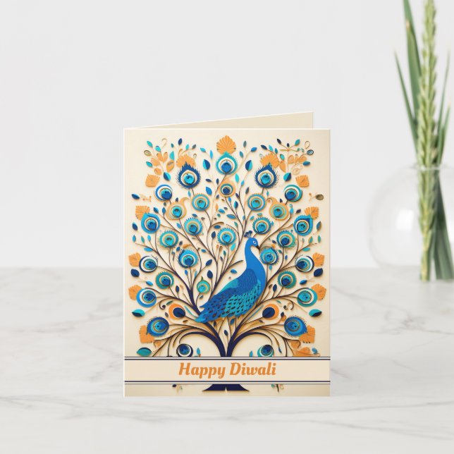 🦚 Radiant Peacock Diwali Blessings Holiday Card (Front)