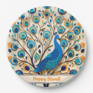🦚 Radiant Peacock Diwali Blessings Paper Plate