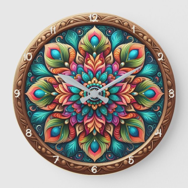 Radiant Peacock Feather Mandala Large Clock (Front)