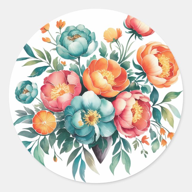 Radiant Peony Bouquet Wedding Classic Round Sticker (Front)