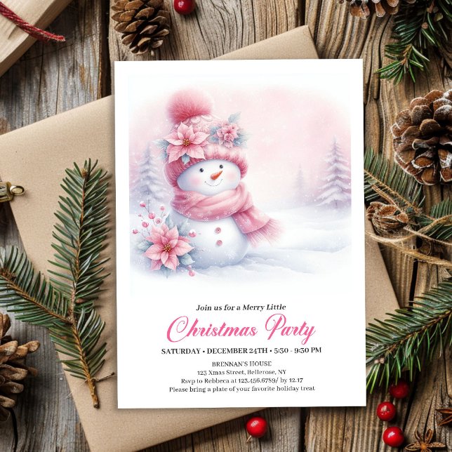 Radiant Pink Snowman Digital Kids Christmas Party  Invitation (Radiant Pink Snowman Digital Kids Christmas Party Invite)