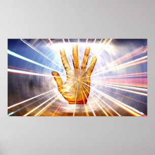 Radiant powerful energy healing hand colourful bac poster
