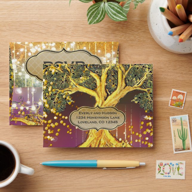 Radiant Purple & Gold Tree Wedding Envelope (Desk)