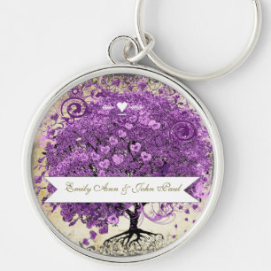 Radiant Purple Heart Leaf Tree Wedding Key Ring
