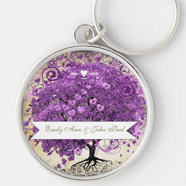 Radiant Purple Heart Leaf Tree Wedding Key Ring (Front)