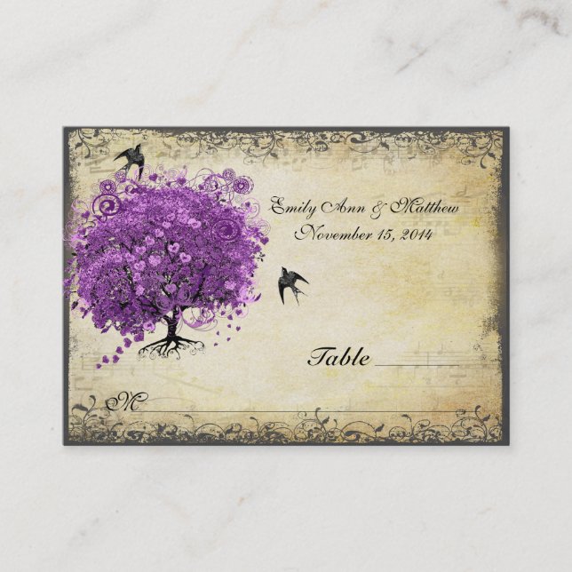 Radiant Purple Heart Leaf Tree Wedding Place Card (Front)