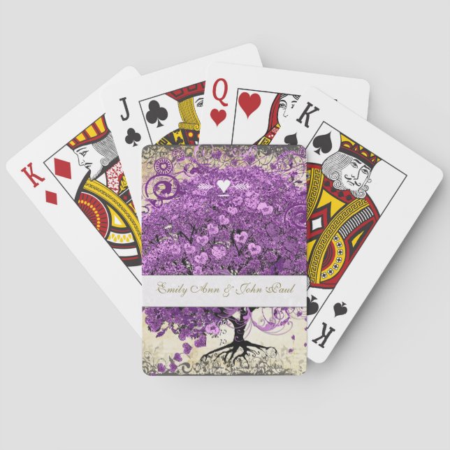 Radiant Purple Heart Leaf Tree Wedding Playing Cards (Back)