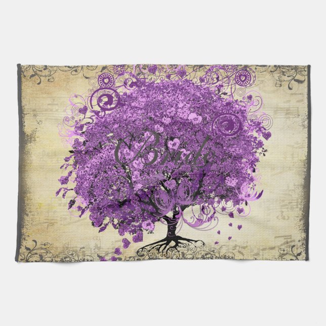 Radiant Purple Heart Leaf Tree Wedding Tea Towel (Horizontal)